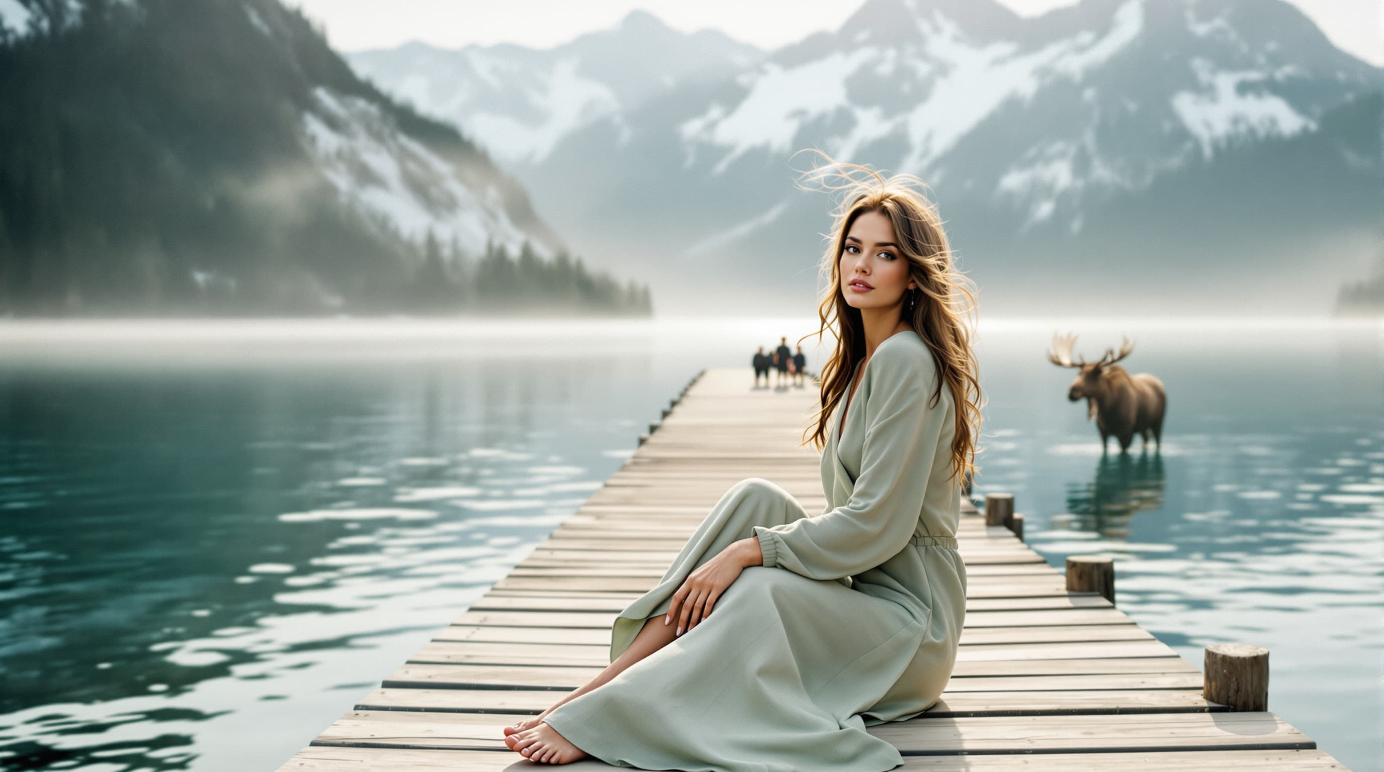 A woman in sage linen barefoot on a long dock over a clear mountain lake at dawn, family at the far end, a moose in the shallows.