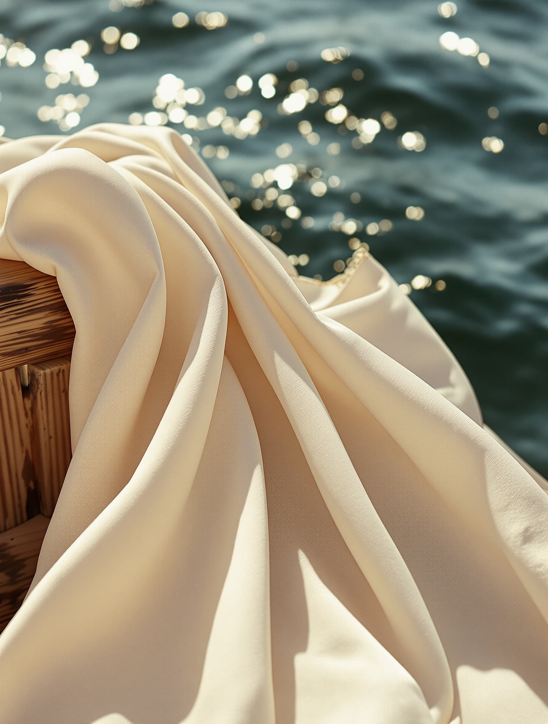Raw silk in ivory and champagne draped over a weathered boat rail, water sparkling behind.
